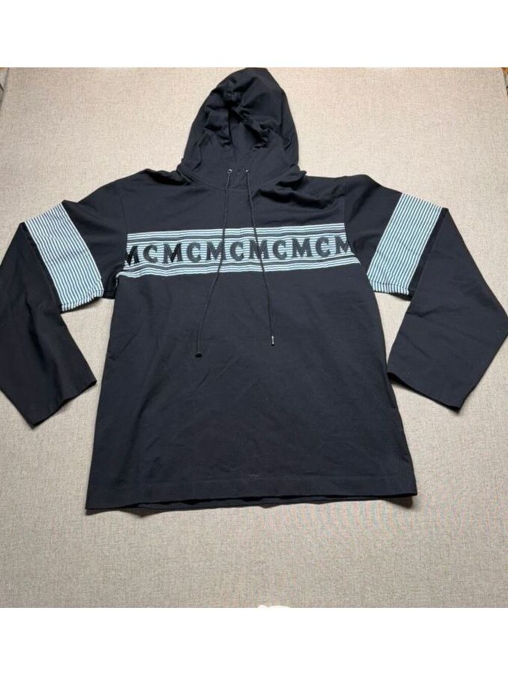 MCM Men's Graphic Logo Stripe Lightweight Knit Hoodie Black Teal Size M
